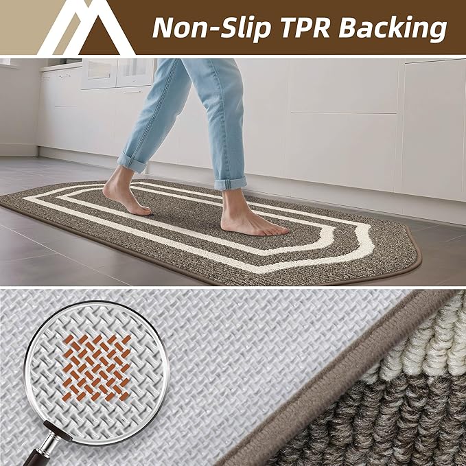 COSY HOMEER Long Kitchen Floor Mats for in Front of Sink Super Absorbent Kitchen Rugs and Mats 24"x48"+24"x59"Non-Skid Kitchen Mat Standing Mat Washable,Polypropylene,Brown,Frame