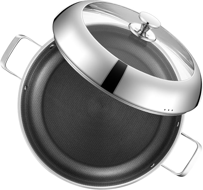 Yeksum Paella Pan with Lid - 14.5" Honeycomb Tri-Ply 18/10 Nonstick Paella Pan, 12-Serving Deep Design, Oven/Dishwasher Safe 550°F, Universal Stainless Steel Skillet