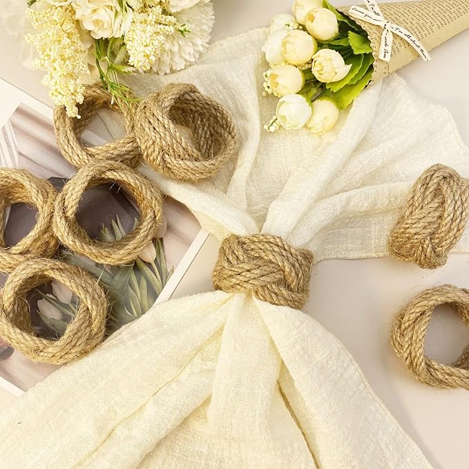 WINGFISH Woven Napkin Rings Bulk Set of 12 Farmhouse Burlap Jute Napkin Rings for Dinning Table, Nautical Napkin Ring Holders Table Decor for Party Gathering Banquet Wedding Birthday