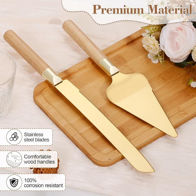 Gold Cake Cutting Set for Wedding, Wood Cake Knife and Server Set, Rustic 2-Piece Pie Cutter Serving Set, Serrated Dessert Utensils, Bridal Anniversary Quinceañera Gift (Oak color)