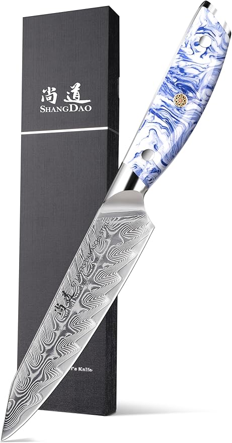 SHANGDAO 5 Inch Kitchen Utility Knife Razor Sharp Fruit and Vegetable Peeling Knives, Forged Damascus Steel with Blue and White Resin Handle - Full Tang - HUA Series