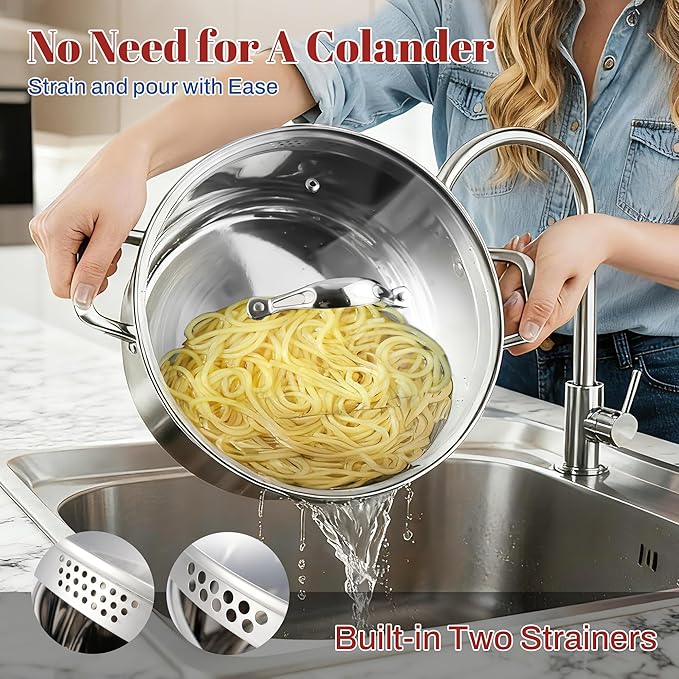 AOSION 6 Quart Stainless Steel Stock Pot with Deep Fryer Basket, 6QT Large Stockpot with Glass Strainer Lid,Ollas De Cocina for Spaghetti, Pasta Pot with Strainer,Compatible with All Cooktops.