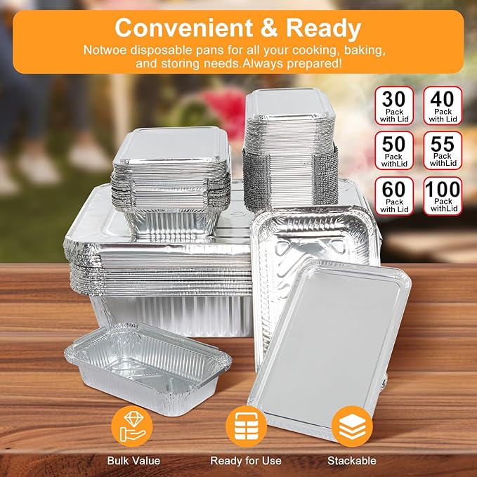 Notwoe ® Aluminum Foil Pans with Foil Lids - 50 Pack, 7"×5", 1.5 LB Capacity, Disposable Containers for Baking, Meal Prep, Freezer Storage & Takeout. (50 Pack w/Lids)