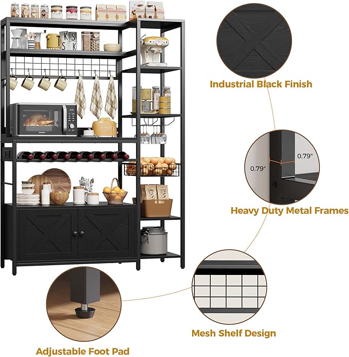IRONCK Bakers Rack with Power Outlet, 47.24 Inch Coffee Bar Cabinet, Kitchen Microwave Stand with Storage, Kitchen Shelf with Shelves, LED Light, Globlet Holder and Wine Basket, Black