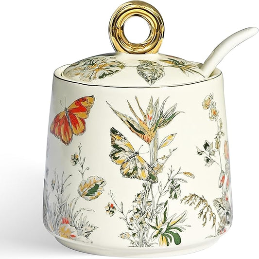 JUSONEY Ceramic Sugar Bowl with Lid and Spoon with Floral Pattern, Gold Trim - 7.5oz Elegant Sugar Jar with Lid and Spoon, Nordic Style for Kitchen, Dining, Cafe, Gift Idea (B)