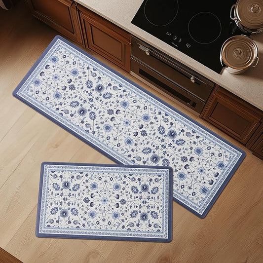 FRESHMINT Anti Fatigue Kitchen Mats for Floor 2 Piece Set, Waterproof & Non-Skid Vintage Floarl Kitchen Rugs, Cushioned Kitchen Mat for Standing Washable Comfort Desk Kitchen Runners, 17x30''+17x47''