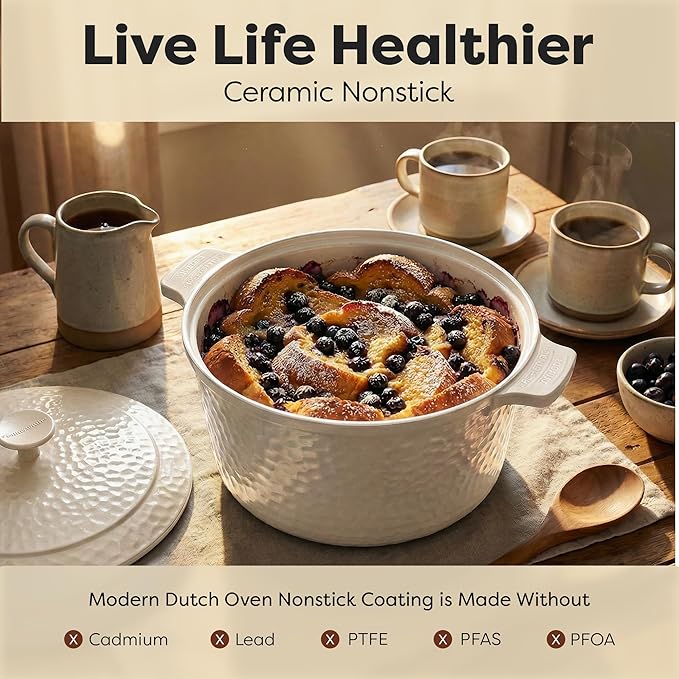Gotham Steel Hammered 5 Qt Lightweight Dutch Oven Pot with Lid & Holders, Ceramic Non Toxic, Oven Safe & Even Heat Retaining Dutch Oven for Bread Baking Sourdough, Soup, 70% Lighter than Cast Iron