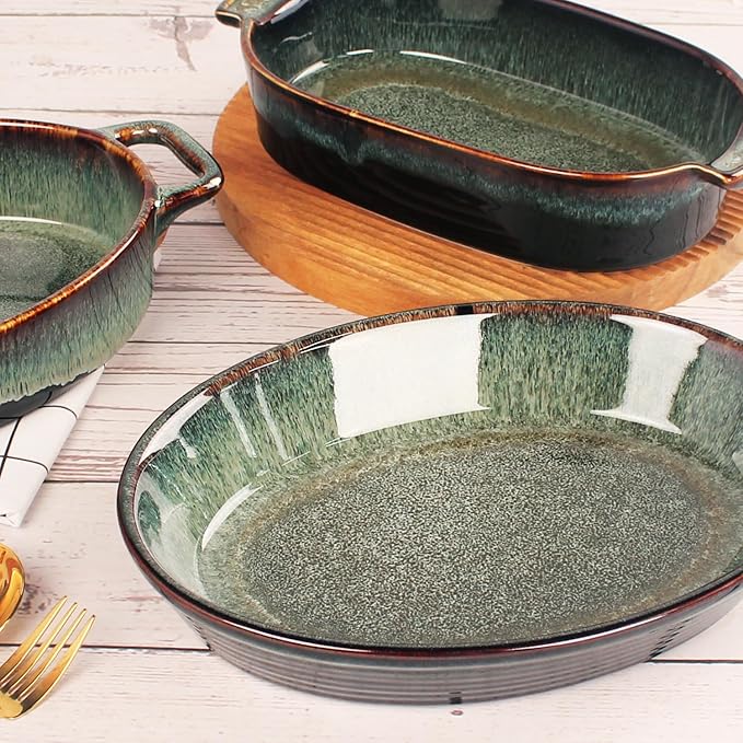 LIUYWYHCF Oval 9.5 x 7 Inch Ceramic Pie Pan Quiche Baking Dish Set of 2, 22 Ounces Non-Stick Pie Dish Quiche Pan, Tart, Pot Pies, Dessert, Pie Plate for Apple, Oven, Dishwasher and Microwave Safe
