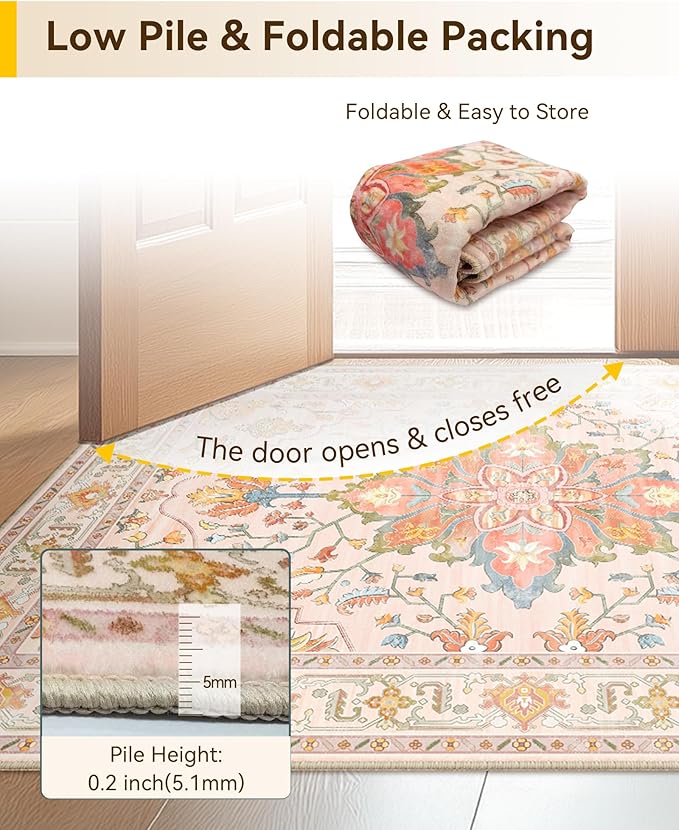 Area Rugs 3'x4' Washable Non-Slip, Floral Vintage Distress Print Pattern Medallion Carpet for Living Room Bedroom Dining Room, Light Pink Colorful