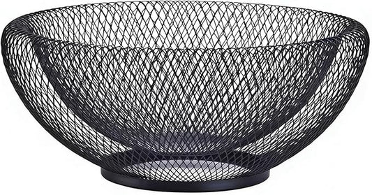 Modern Black Wire Mesh Decorative Bowl – Openwork Fruit Basket for Bread, Snacks, Storage Tray for Kitchen, Living room and home décor. (10”x4”)