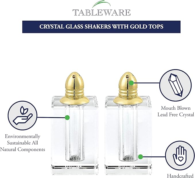 Badash Crystal Salt and Pepper Shaker Set - 3.5" Tall Spirit Hand-Cut Optical Crystal Glass Shakers with Gold Tops - Set a Beautiful Table