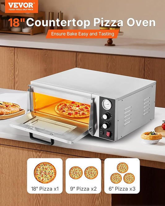 VEVOR Electric Pizza Oven, 18-Inch Commercial Pizza Ovens, 842°F Max Temp, 1740W Large Pizza Oven Countertop with Temp & Time Control, Built in Thermometer Indoor Pizza Maker for Restaurant Home Use