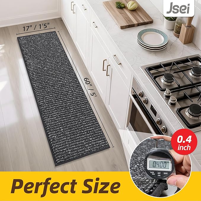 JSEI Kitchen Runner Rugs, 17''x60'' Non-Slip Kitchen Mats for Floor, Machine Washable Absorbent and Stain Resistant Kitchen Rug, Carpet Mats with TPR Backing for Kitchen, Charcoal