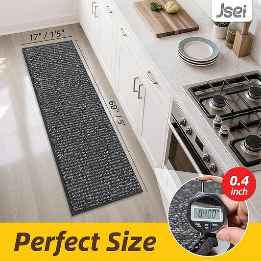 JSEI Kitchen Runner Rugs, 17''x60'' Non-Slip Kitchen Mats for Floor, Machine Washable Absorbent and Stain Resistant Kitchen Rug, Carpet Mats with TPR Backing for Kitchen, Charcoal
