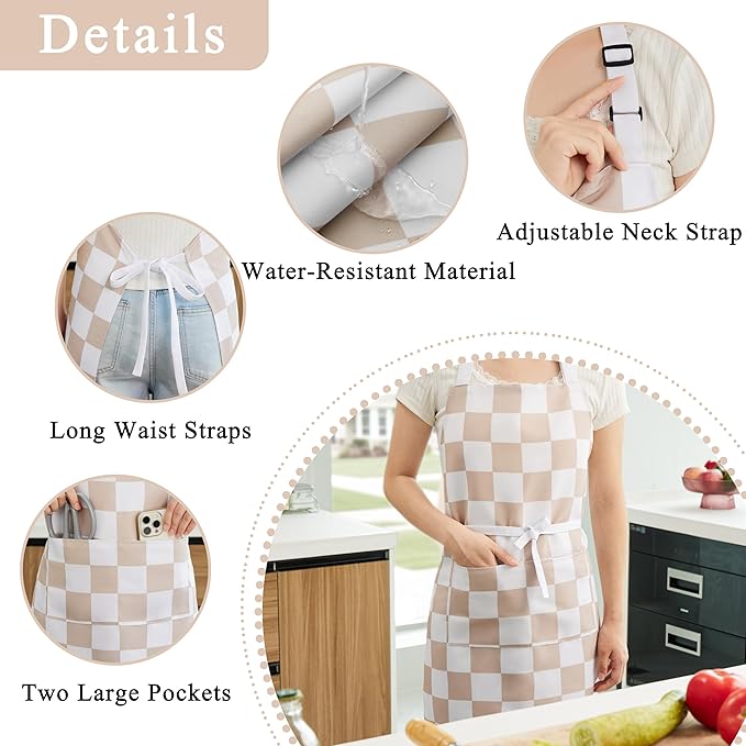 2 Pack Checkered Kitchen Apron, Beige Checkerboard Aprons for Women with Pockets, Chef Apron for Men, Waterproof Aprons for Cooking