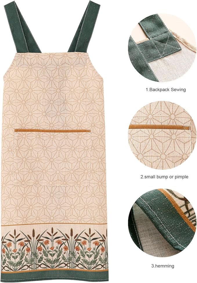 patdrea Blue Floral Linen Apron with Pocket,French Kitchen Garden Chef BBQ Aprons for Women and Men,Crisscross Back Straps