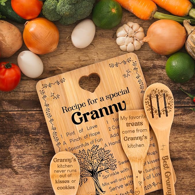 Granny Gifts - "Recipe for a Special Granny" Gifts for Granny Cutting Board Set, Bamboo-Made Engraved Utensil Set Granny Birthday Gifts, Presents for Grandma Nana Nanny from Grandchildren