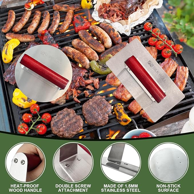 Stainless Steel Burger Press, Hamburger Press, Heavy Duty Meat Press, 8 Inch Bacon Press & 6.3 Inch Round Burger Smasher with Wood Handle, Grill Press for Smashburger, BBQ Bacon Up, Beef