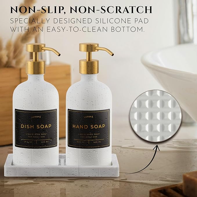 Lotion, Hand & Dish Soap Dispenser for Kitchen & Bathroom | Soap Dispenser Set of 2 16.8 Oz Glass Bottles with Stainless Steel Pump, 15 Water Proof Labels & Silicon Tray (White/Gold)