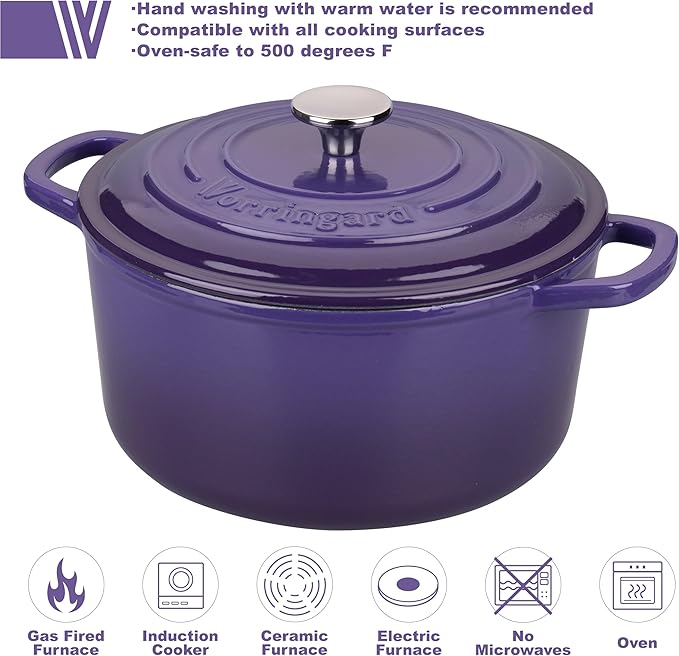 VORRINGARD Enameled Cast Iron Dutch Oven Pot with Lid, for Sourdough Bread Baking, Round Dutch Ovens, 6 Quart, Purple
