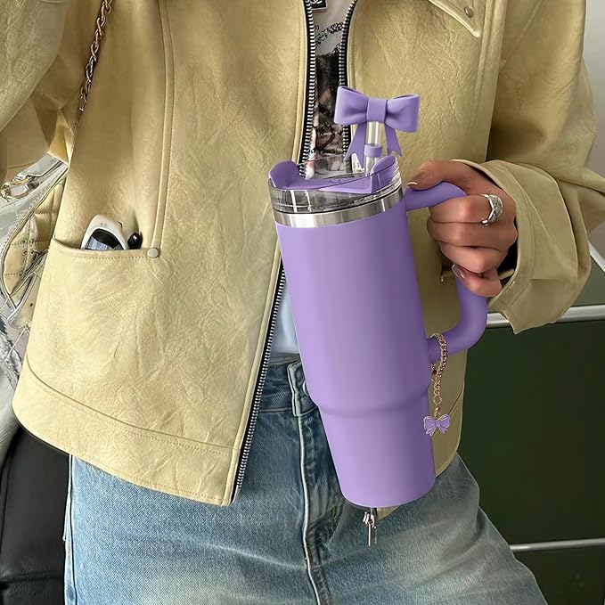 Compatible with Stanley Cup Accessories - 3Pcs 10mm Bow Straw Topper Compatible with Stanley Cup Straw Cover Cap, 2pcs Purple Bow Charms for 30&40 Oz Tumbler with Handle