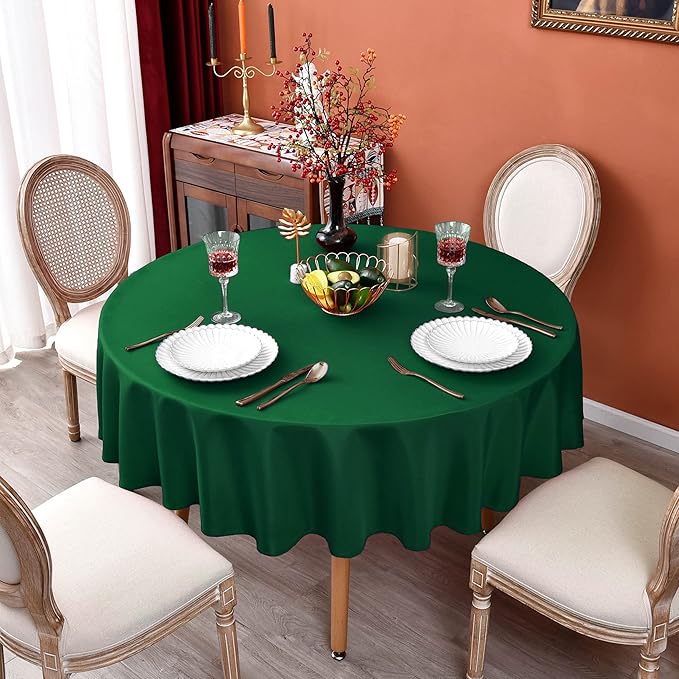 MEANMOY Green 210 GSM Water & Stain Resistant Round Tablecloth for Circle Table - Solid 90 Inch Table Cloth Cover in Wrinkle Free Durable Washable Polyester Fabric for Wedding, Party, Banquet