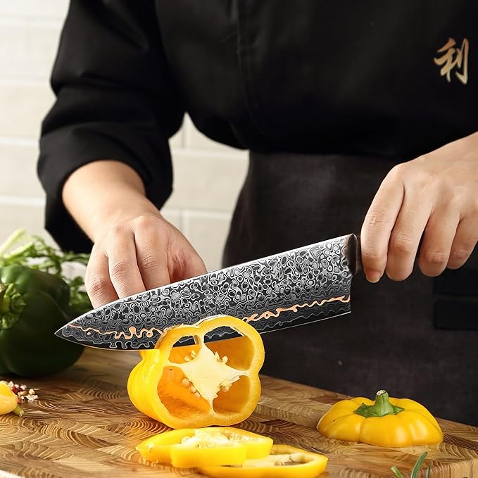 Wakoli Kawa Chef Knife, 7.9-Inch Blade Damascus Knife | 67-Layer Damascus Steel with VG10 Core | Copper Inlay | Maple Stabilized Wood Handle | Professional Kitchen Knife