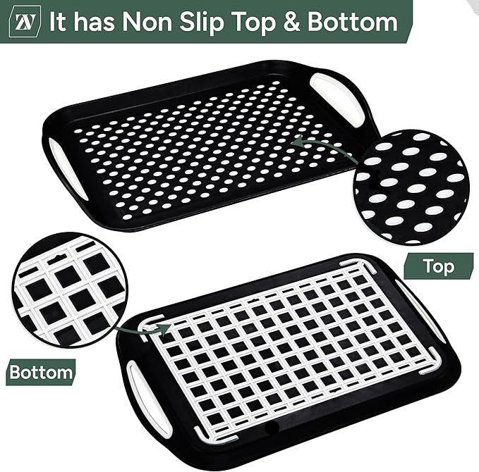 Zuvo Anti-Slip Food Serving Tray with Handles (Set of 2) – BPA-Free Plastic, Lightweight & Durable – Non-Slip Couch Trays for Eating & Drinks (Black)