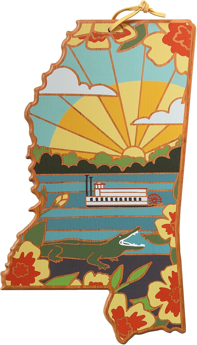 Totally Bamboo Mississippi State Shaped Cutting Board and Charcuterie Serving Platter with Artwork by Summer Stokes, Includes Hang Tie for Wall Display