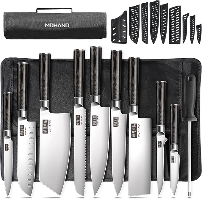 MDHAND Chef Knife Set with Roll Bag, 10PCS Professional Knife Set with Sharpener, High Carbon Stainless Steel Japanese Kitchen Knives - Black Pakkawood Handle, Dishwasher Safe, For Cooking, Chef Gifts