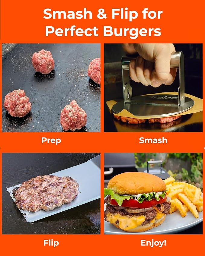 Smash Burger Press Kit – 6.5 Inch Stainless Steel Hamburger Smasher Tool – Heavy Duty Grill Press for Flat Top Griddles and Cast Iron Pan – Perfect for Crispy Smashed Burger Patty – Spatula Set