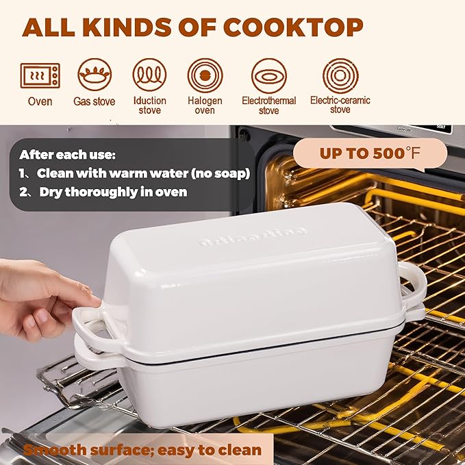 Articasting 11x5 Inch Cast Iron Bread Loaf Pan With Lid, 5.8 Qt Large Loaf Pan for Sourdough Bread Baking, Heavy Duty Dutch Oven Bread Pan For a Crispy Crust (Cream White)