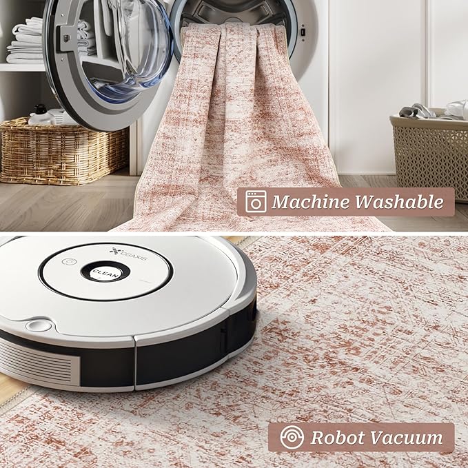Rug Runners for Hallways Non Slip - 2x8 Runner Rug for Bedroom, Washable Runner with Rubber Backing, Soft Low-Pile Carpet for Kitchen, Laundry, Bathroom (2'x8', Pink/Ivory)