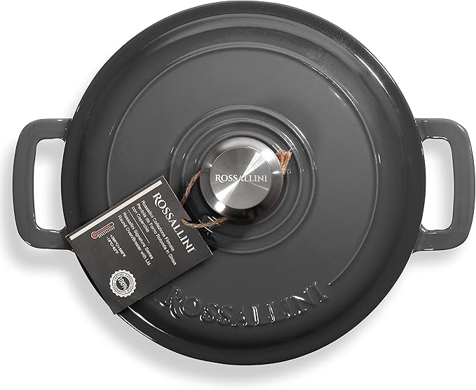 ROSSALLINI Signature Enameled Cast Iron Dutch Oven, Non-Stick Serving Pot with Tight Fitting Lid for Perfect Roasting, Baking, Sauteing, and Bread Making | 13.5Q (12.7L) - Oyster Grey