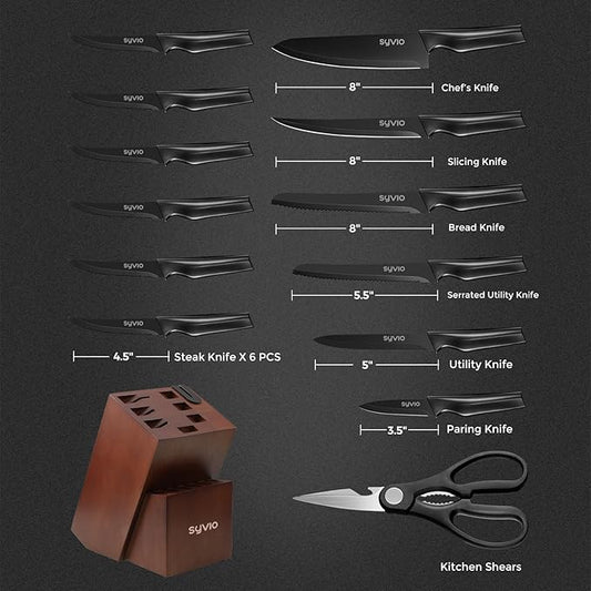 syvio Knife Set, 15 Pcs Kitchen Knife Set with Block and Sharpener, with Heavy Poultry Shears and 6pcs Serrated Steak Knives Razor-Sharp, Stainless Steel, Lightweight, Anti-Slip Handle