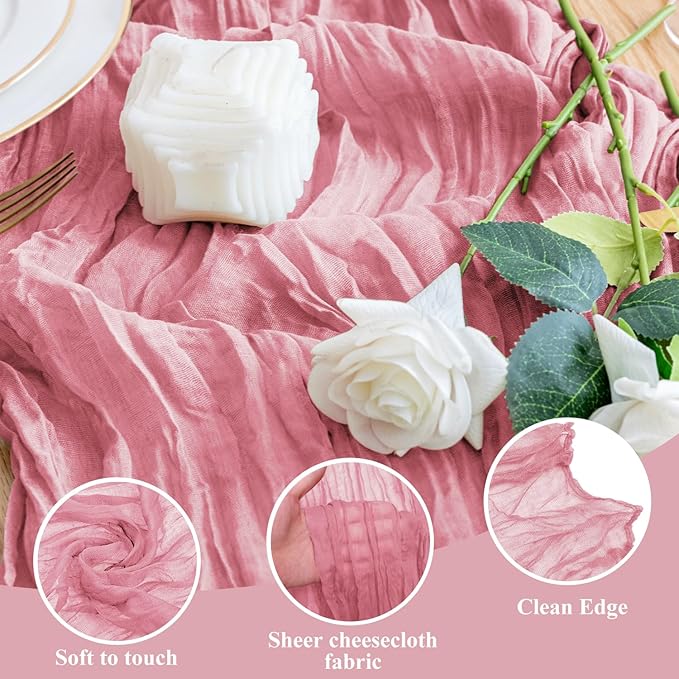 Wokceer Cheesecloth Table Runner Dusty Rose 10FT Boho Gauze Cheese Cloth Table Runner for Party Long Rustic Sheer Table Runners for Baby Bridal Shower Wedding Easter Table Decor