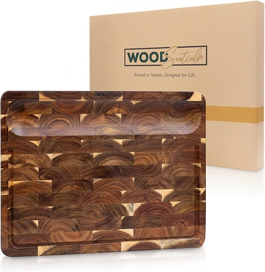 WoodSentials Evergreen End Grain Cutting Board for Kitchen - Large Heavy Duty 16x12.4x1.5" Acacia Wood Butcher Block with Feet - Reversible Charcuterie Meat & Cheese Board - Chef Quality Gift in Box
