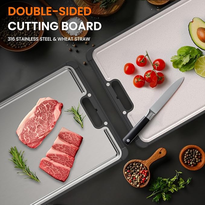 Premium 316 Stainless Steel Cutting Board for Kitchen– Double Sided,& BPA-Free Chopping Board with Food-Grade Steel &Eco-Friendly Wheat Straw PP,for Meat&Vegetables Healthy cutting boards non toxic