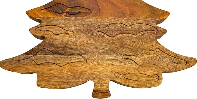 Treen Art Wood Cutting Board for Kitchen Christmas Snow Leaf Tree Shaped Wooden Cutting Board with Handle & Grooves, Decorative cutting board for Cheese and Charcuterie Platter 14"L x 13"W