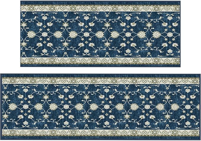Ottomanson 2-Piece Kitchen Rug Set - Non Slip Runner & Washable Mat - 1'11" x 4' + 1'11"' x 5' - Durable, Stain Resistant for Entryway, Bedroom and Bathroom, Mahal Navy