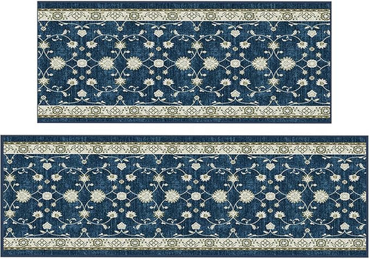 Ottomanson 2-Piece Kitchen Rug Set - Non Slip Runner & Washable Mat - 1'11" x 4' + 1'11"' x 5' - Durable, Stain Resistant for Entryway, Bedroom and Bathroom, Mahal Navy