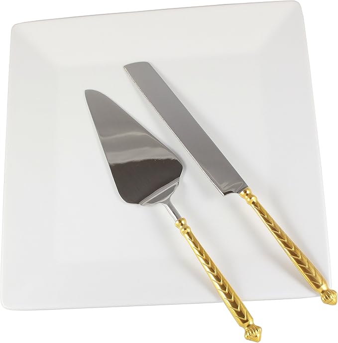 Server Set, Cake, Pie, Desert Flatware Set, Carved, 2-piece 18/10 Stainless steel with brass handles (light antique gold finish)…