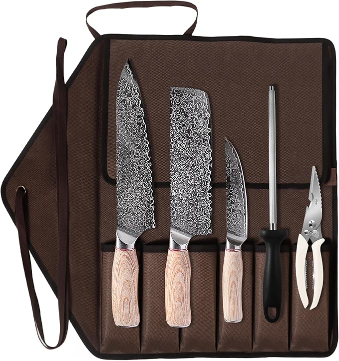 KOFERY Hand Forged Damascus Chef Knife Set with Roll Bag and Sharpener - Ideal for Culinary, Camping and BBQ(Natural-Wood Handle)