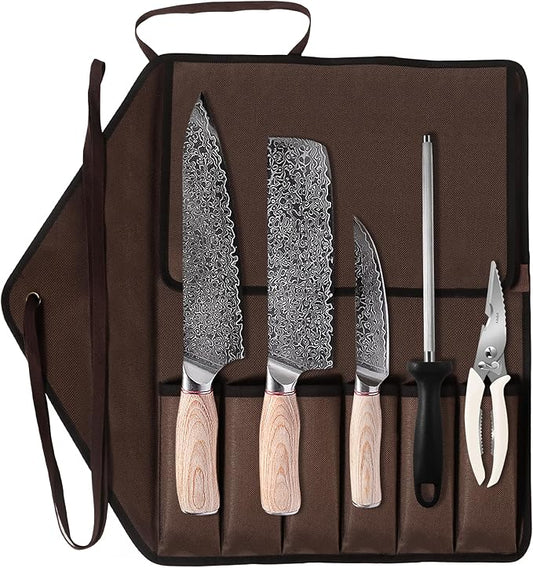 KOFERY Hand Forged Damascus Chef Knife Set with Roll Bag and Sharpener - Ideal for Culinary, Camping and BBQ(Natural-Wood Handle)