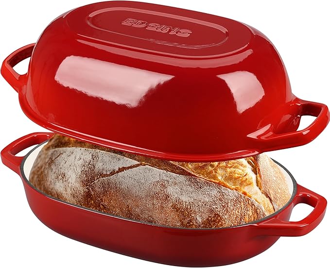 EDGING CASTING Enameled Cast Iron Oval Dutch Oven Pot with Lid, Dutch Oven for Sourdough Bread Baking, Oval Bread Pan, Bread Oven, Bread Dutch Oven, 7qt, Red