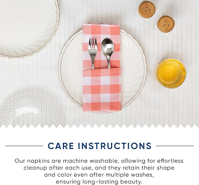 Blue Needles Gingham Buffalo Plaid Cloth Napkins 100% Cotton Set of 12 Dinner Table Napkins 18x18 inch Soft, Reusable, Washable Perfect for Wedding Parties & Everyday Use - Salmon & White