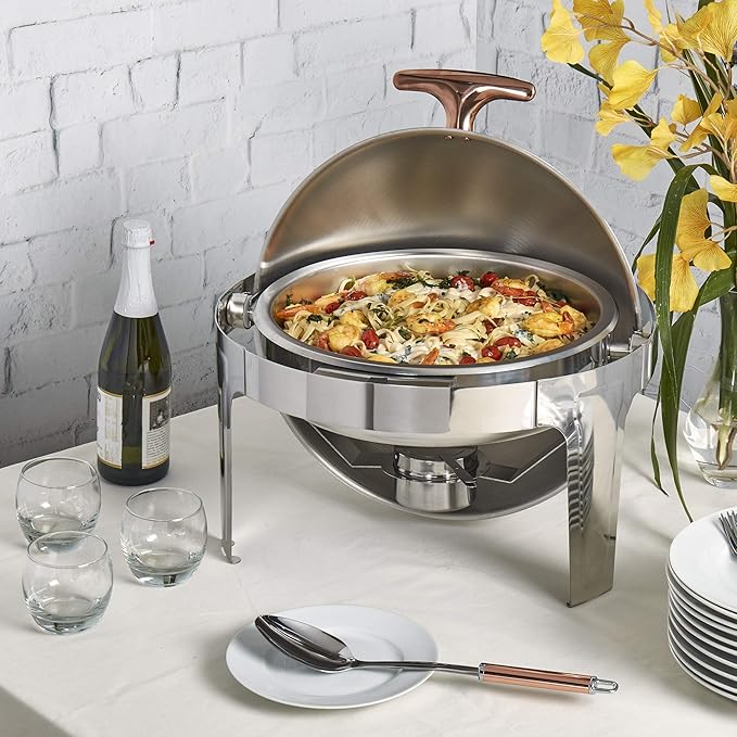 Denmark Tools for Cooks Celebrations Cookware Collection 5 Piece 6.3-Quart Heavy Gauge Stainless Steel Round Chafing Dish Set with Roll Top Lid for Entertaining & Catering