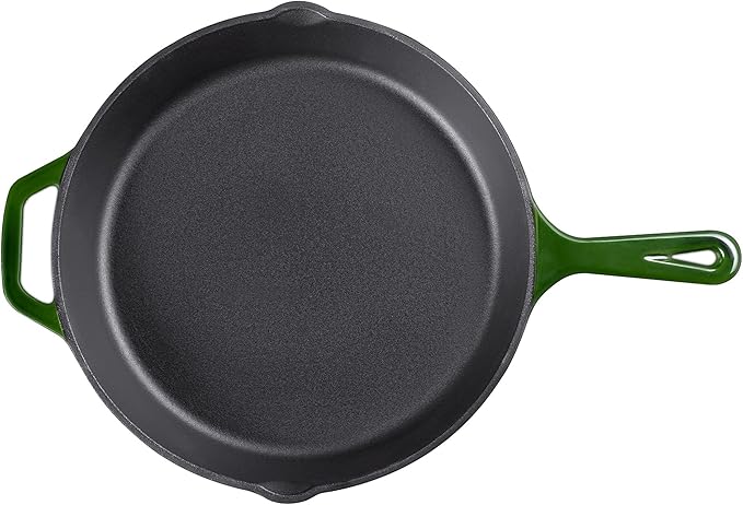 Navaris Enameled Cast Iron Skillet - 12"(30cm) Pre-Seasoned Frying Pan with Helper Handle, Pour Spouts, for Oven, Stovetop, Grill & Campfire, Non-Toxic, Even-Heating, Green