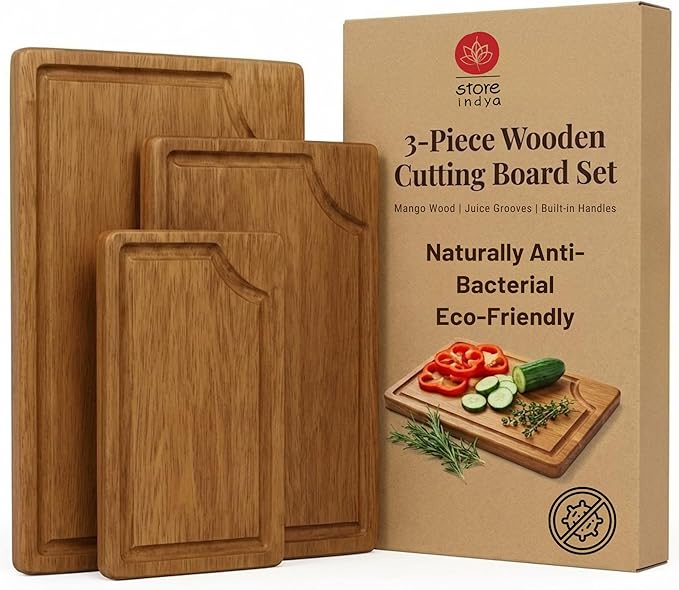 3-Piece Wooden Cutting Board Set with Juice Grooves, Mango Wood Chopping Boards for Kitchen Prep and Charcuterie Serving, Eco Friendly Multi Size Cutting Boards with Built-in Handles (Natural)