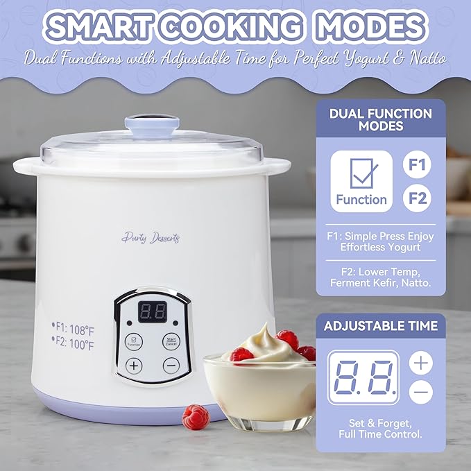 Party Dessert Electric Greek Yogurt Maker Machine with Strainer, Automatic Yogurt Maker for Home Organic Yogurt, Timer Control, BPA-free PP Lid, 2 x Inner Bucket (2 Quarts)